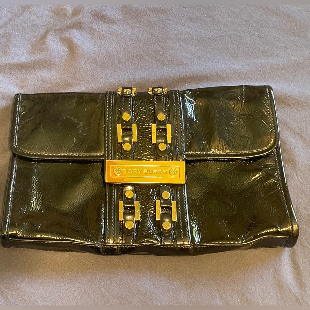 Tory Burch Black Patent Leather Bag with Gold Details